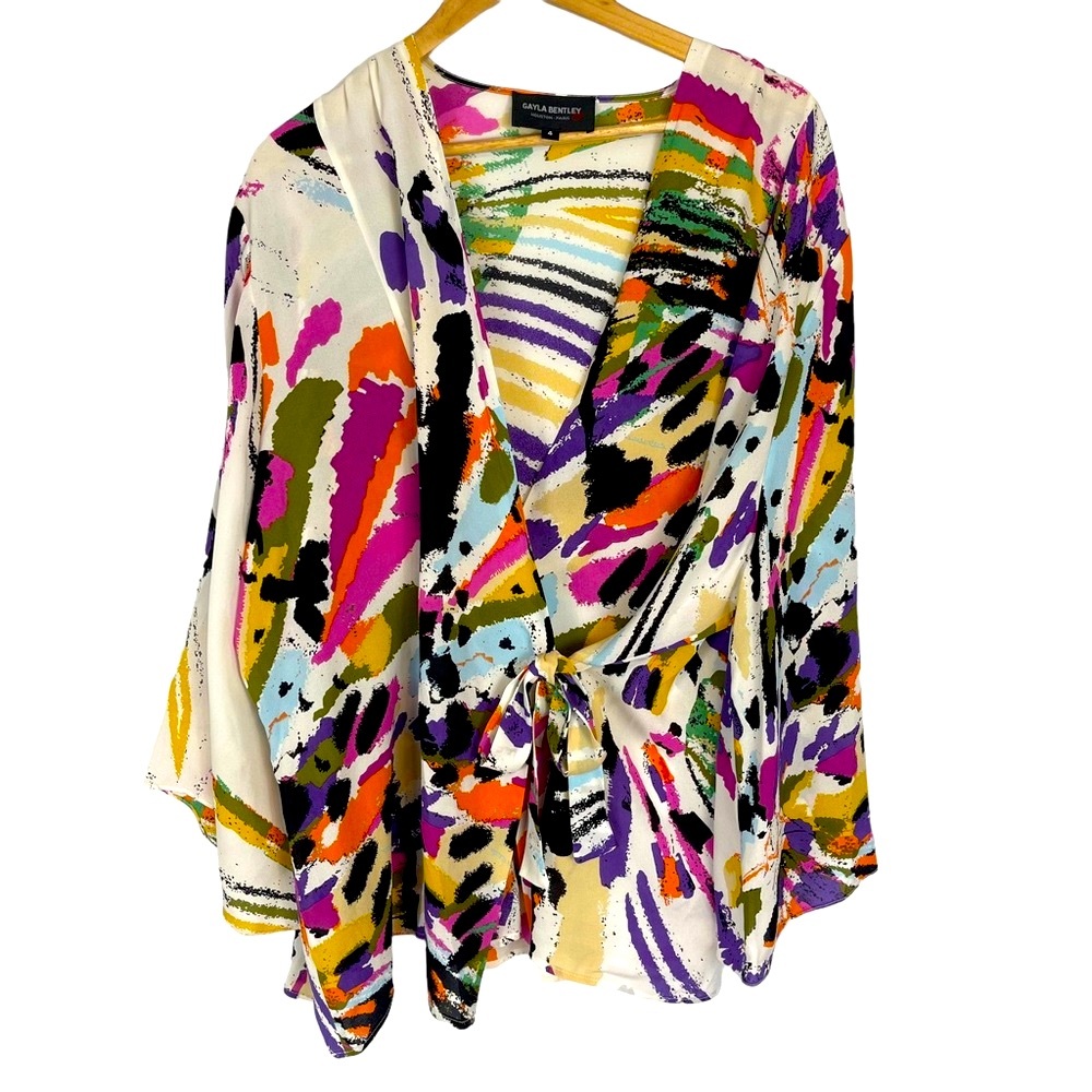 Gayla Bentley Plus Size !00% Silk Kimono Style tie Front Blouse XXL